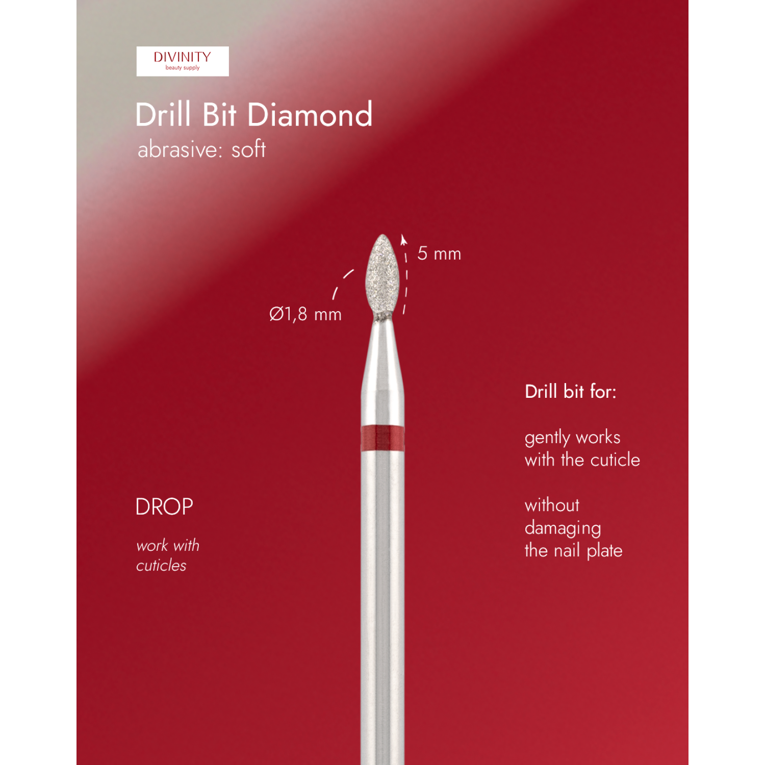 Diamond bit "drop" red, L- 5,0 mm., Ø1,8 mm.
