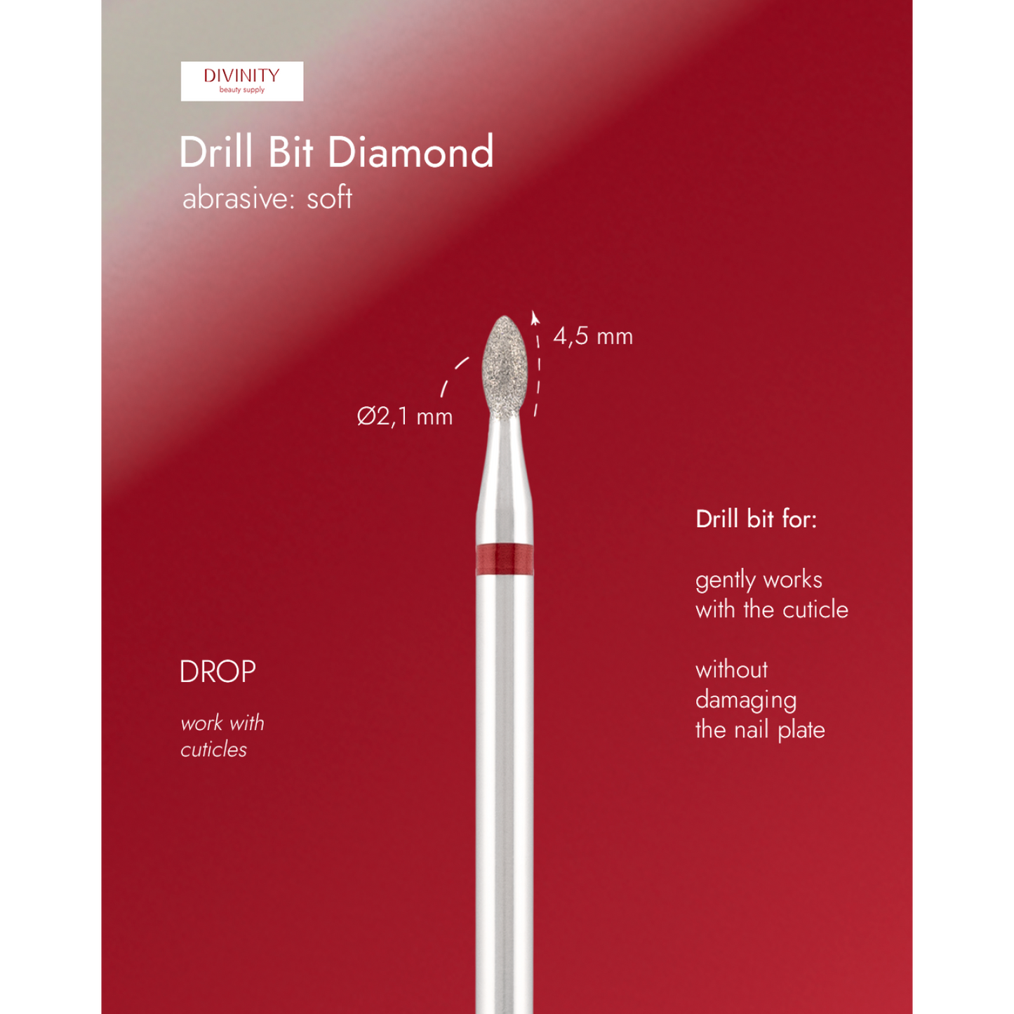 Diamond bit "drop" red, L- 5,0 mm., Ø2,1 mm.
