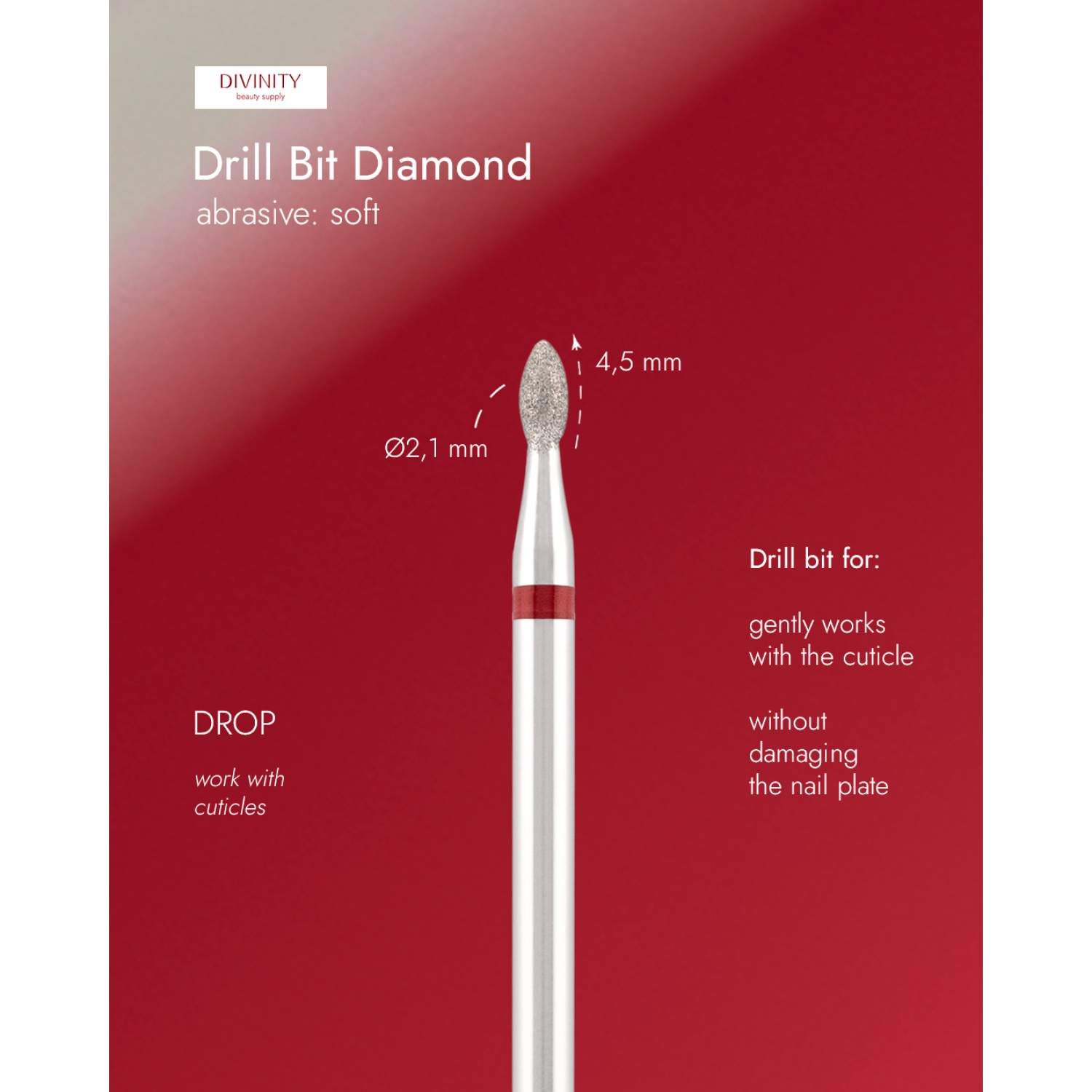 Diamond bit "drop" red, L- 5,0 mm., Ø2,1 mm.