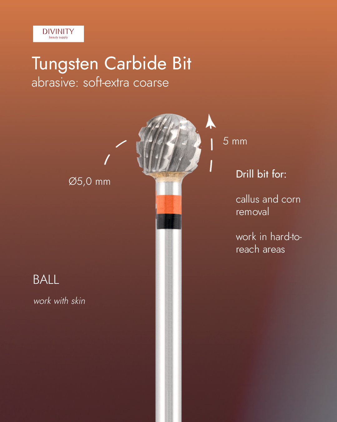Tungsten carbide bit "ball" red-black, L-5,0 mm., Ø5,0 mm