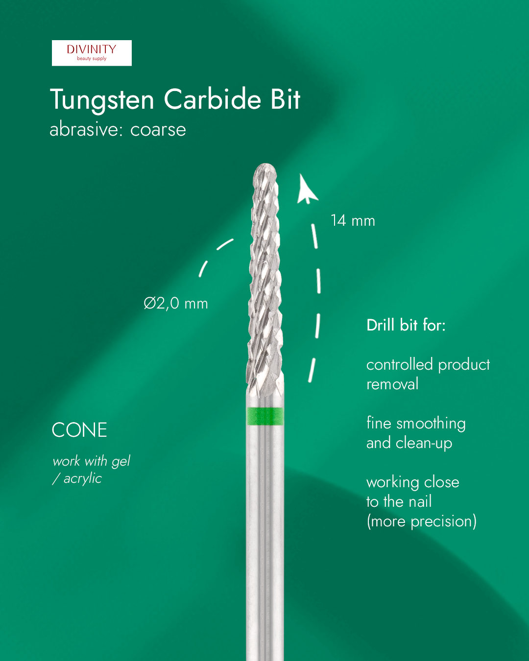 Tungsten carbide bit "cone" green, L-14,0 mm., Ø2,0 mm