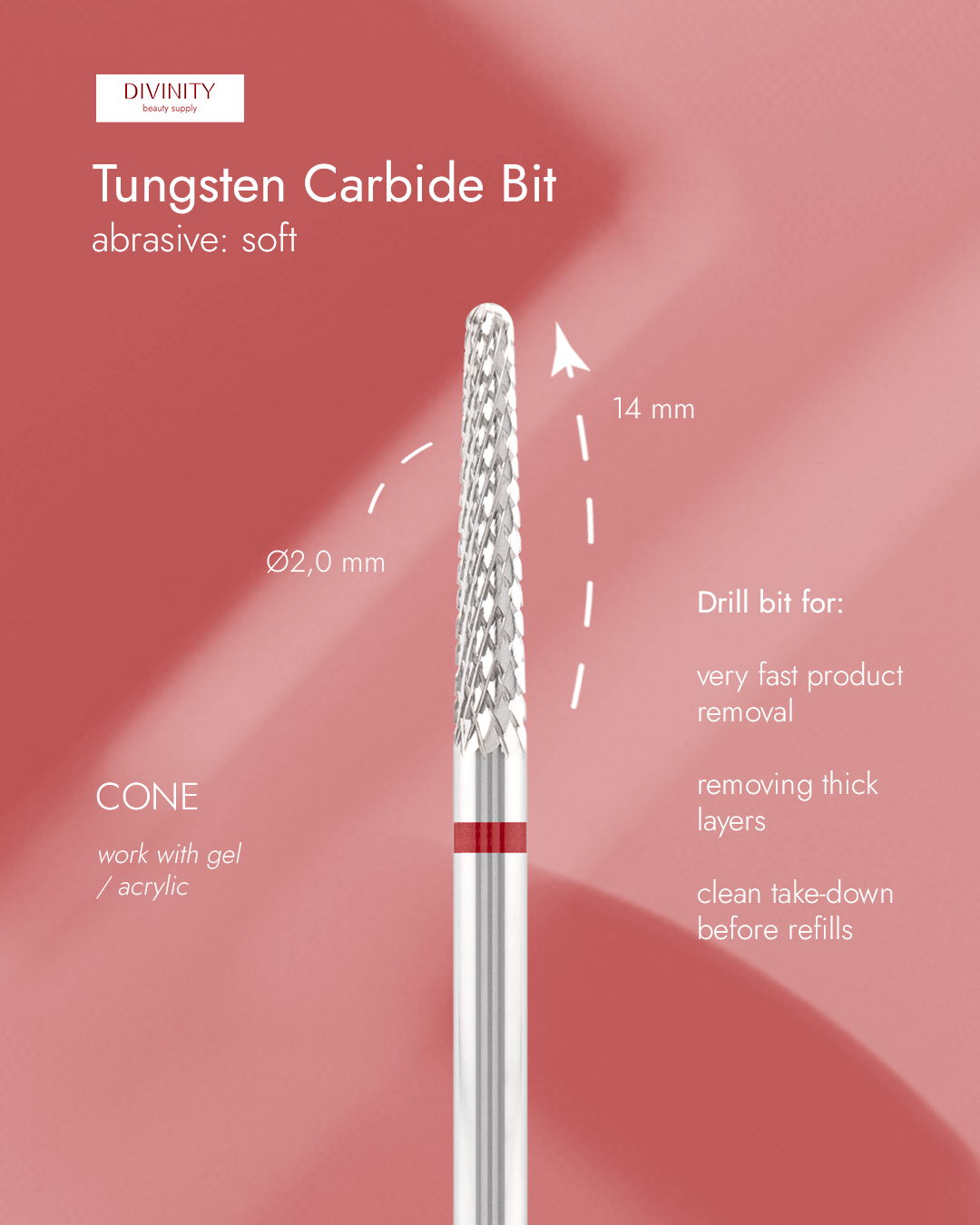 Tungsten carbide bit "cone" red, L-14,0 mm., Ø2,0 mm