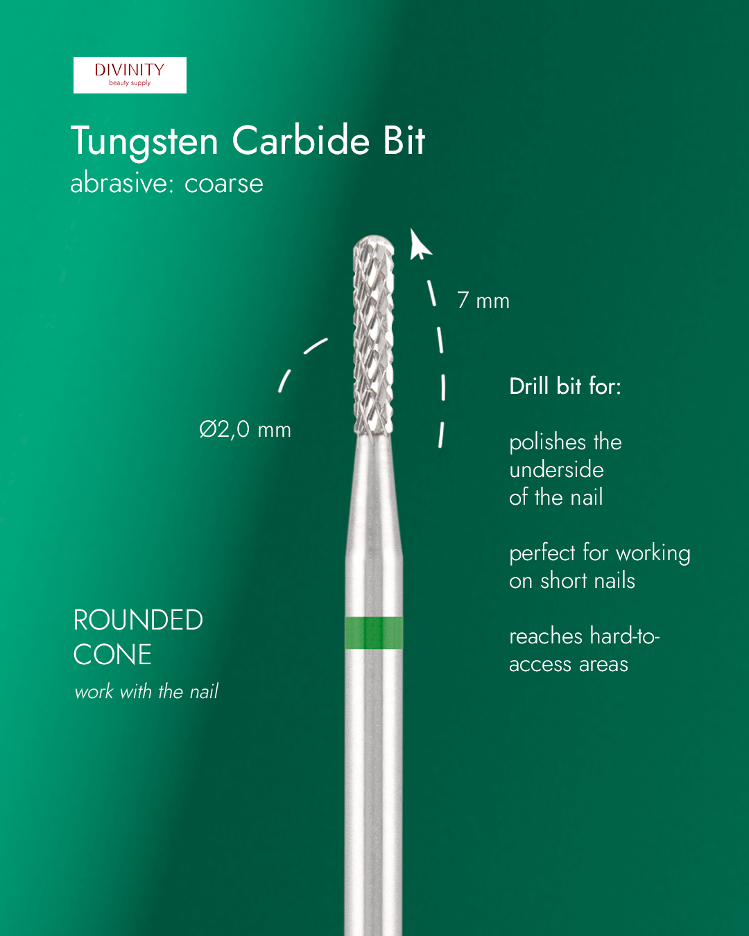 Tungsten carbide bit "rounded cone" green, L-7,0 mm., Ø2,0 mm