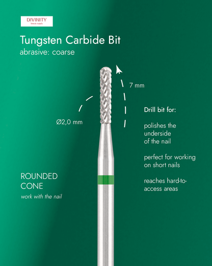 Tungsten carbide bit "rounded cone" green, L-7,0 mm., Ø2,0 mm
