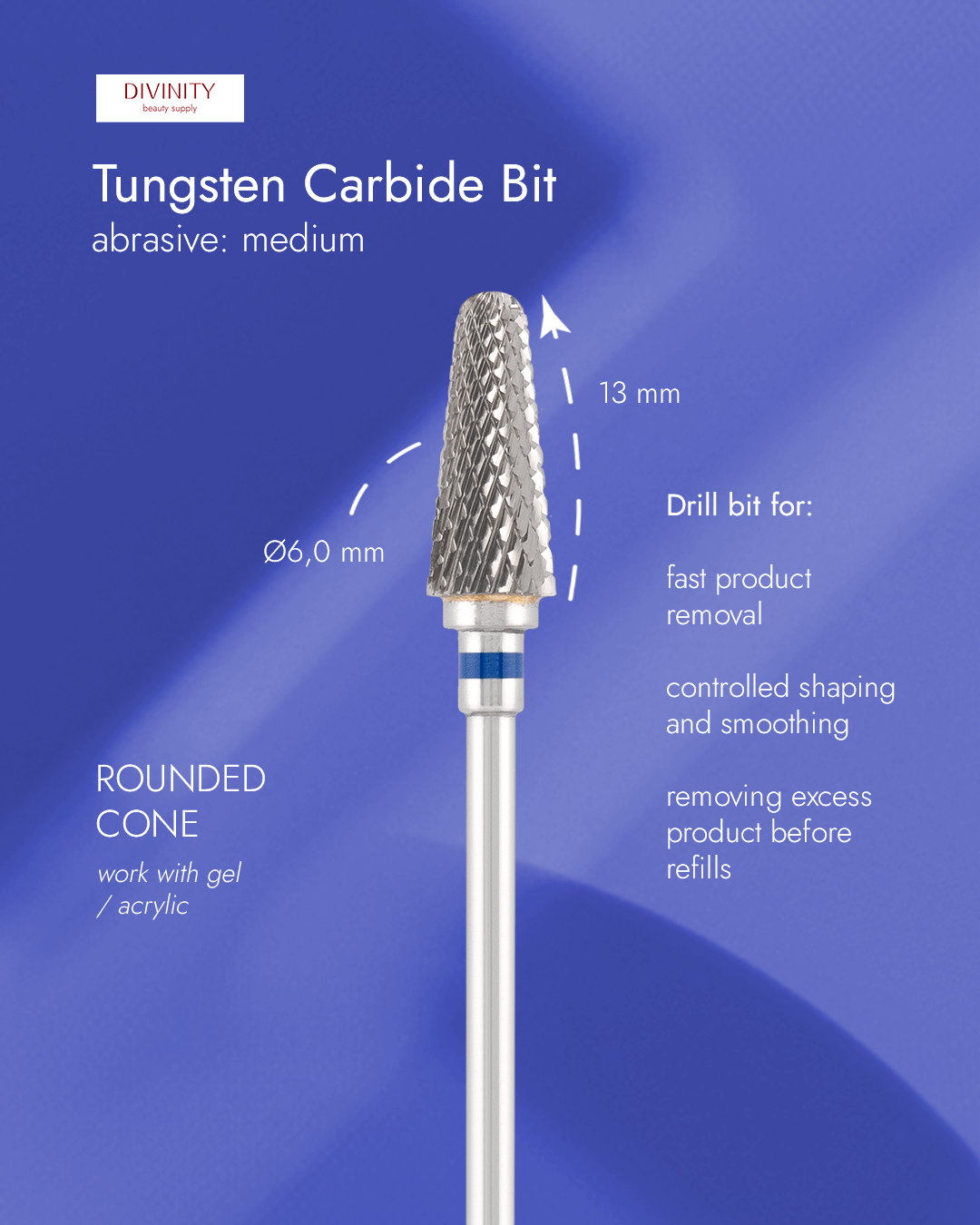 Tungsten carbide bit "rounded cone" blue, L-13,0 mm., Ø6,0 mm