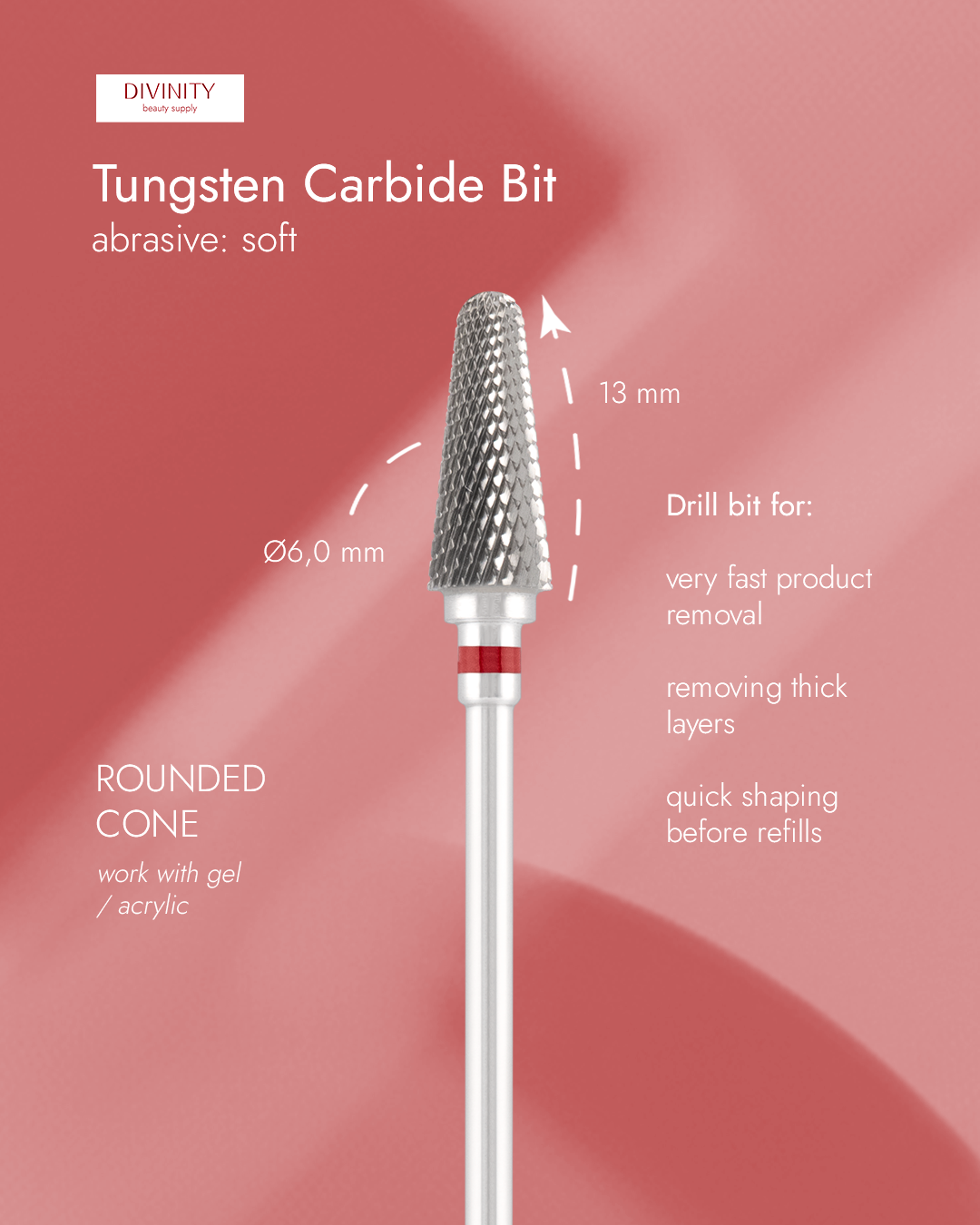 Tungsten carbide bit "rounded cone" red, L-13,0 mm., Ø6,0 mm