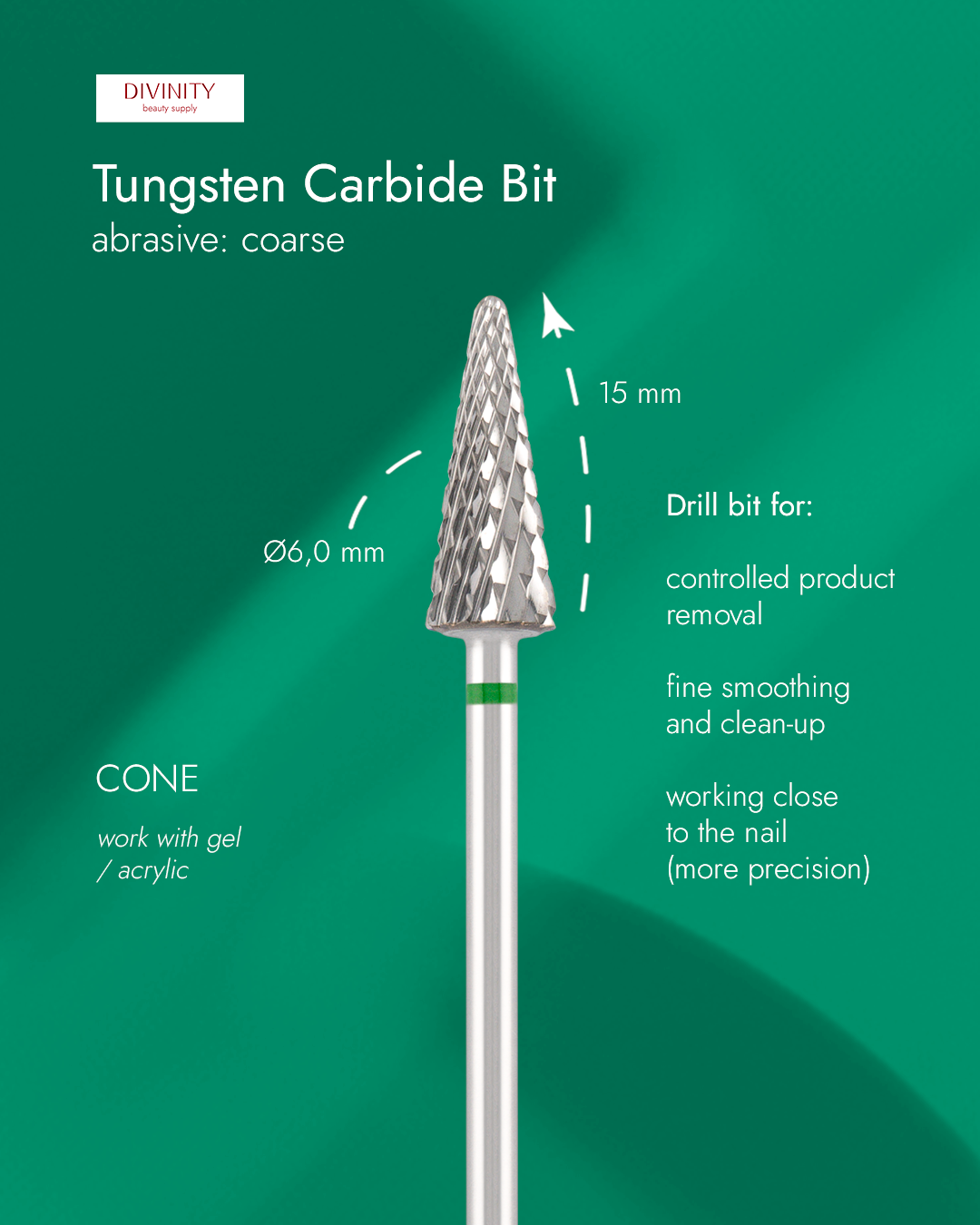 Tungsten carbide bit "cone" green, L-15,0 mm., Ø6,0 mm