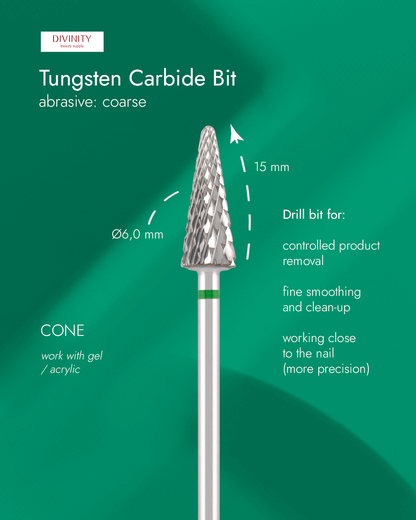 Tungsten carbide bit "cone" green, L-15,0 mm., Ø6,0 mm