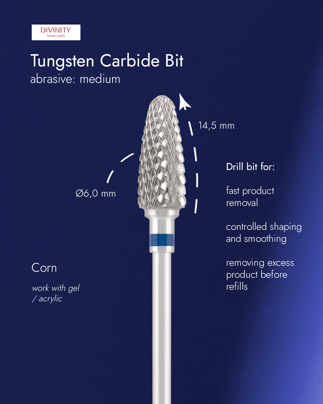 Tungsten carbide bit "corn" blue, L-14,5 mm., Ø6,0 mm