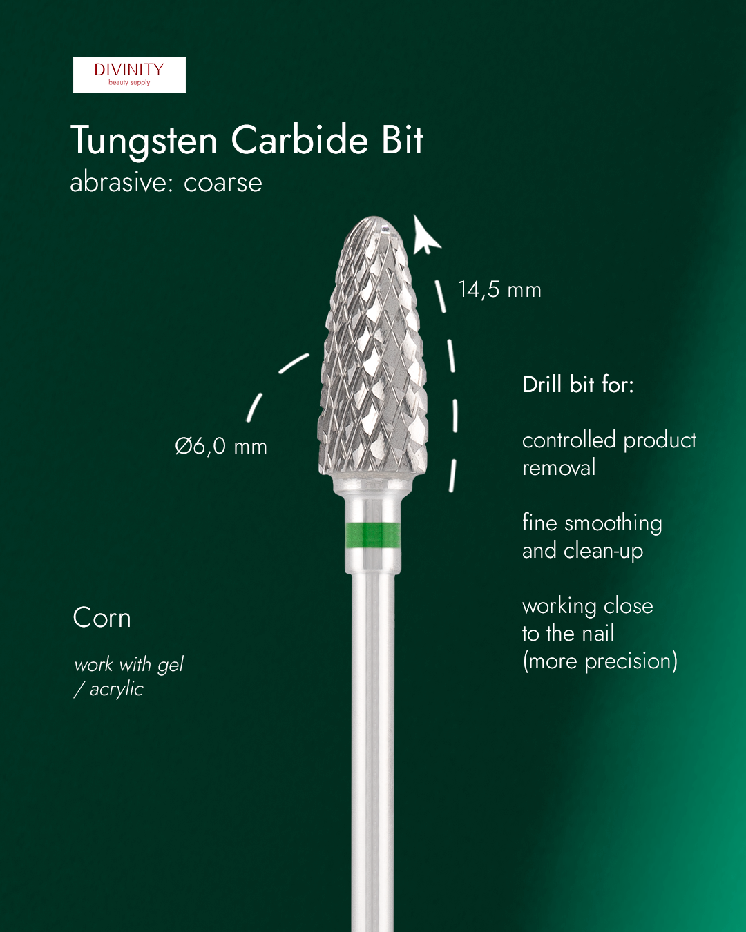 Tungsten carbide bit "corn" green, L-14,5 mm., Ø6,0 mm