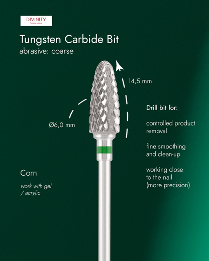 Tungsten carbide bit "corn" green, L-14,5 mm., Ø6,0 mm