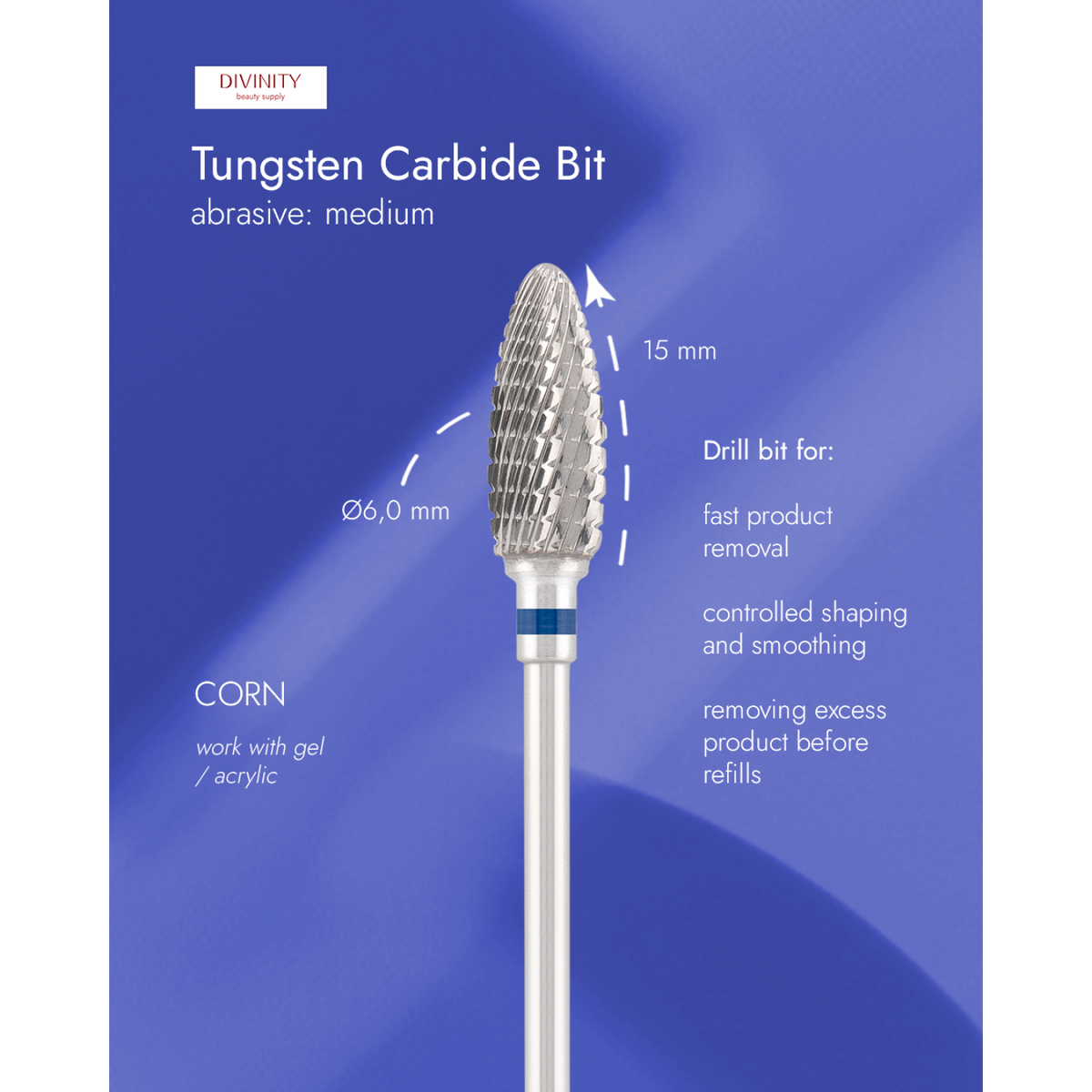 Tungsten carbide bit "corn" blue, L-15,0 mm., Ø6,0 mm