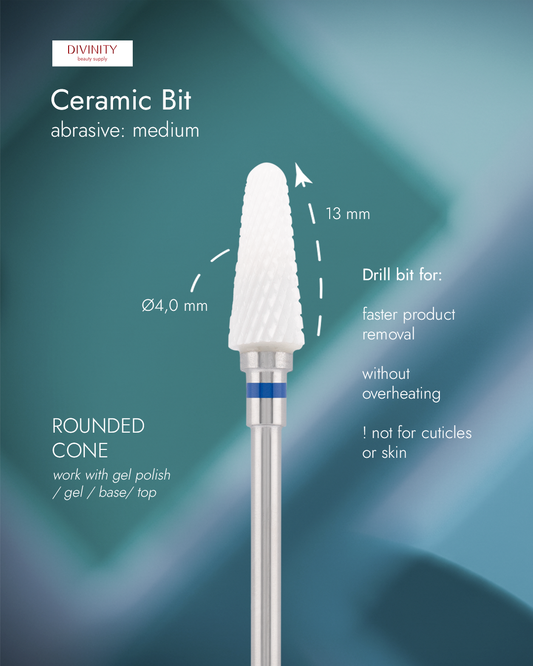 Ceramic bit "rounded cone" blue, L-13,0 mm., Ø4,0 mm
