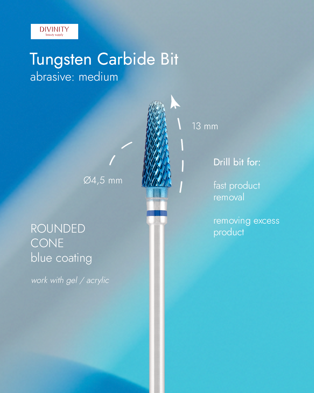 Tungsten carbide bit "rounded cone" blue (rainbow coating), L-13,0 mm., Ø4,5 mm
