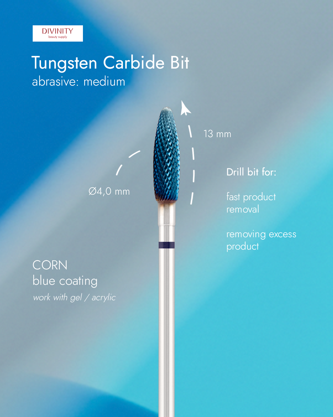 Tungsten carbide bit "Reversable corn" blue (blue coating), L-13,0 mm., Ø4,0 mm