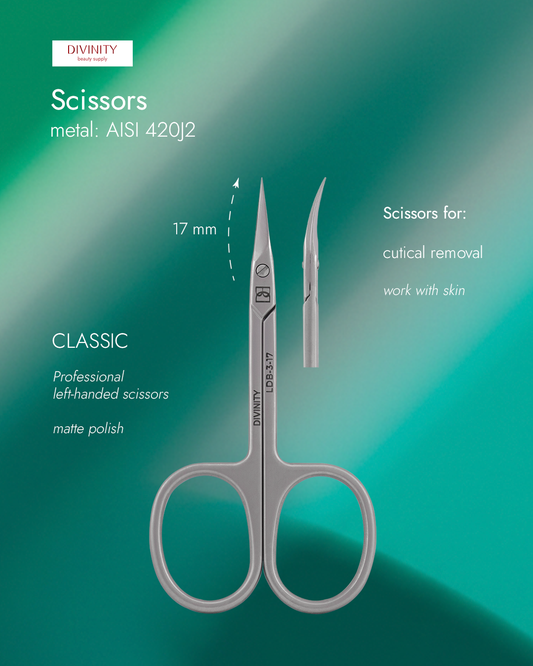 Professional left-handed scissors for cuticle, matte, L-89 mm, blades 17 mm.