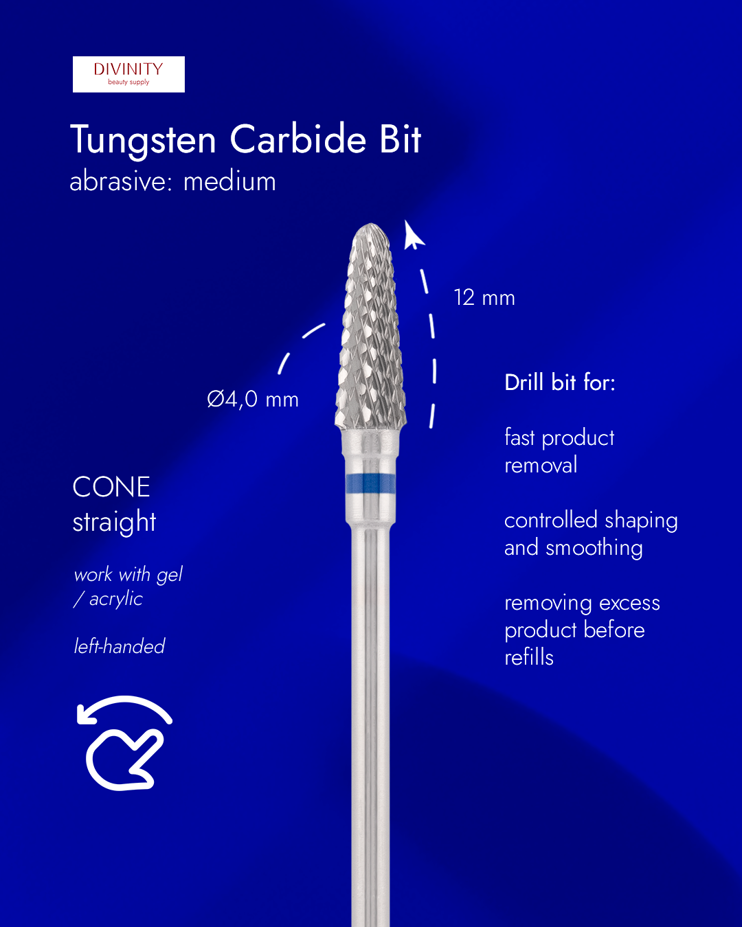 Tungsten carbide bit "cone" straight left-handed, blue, L-12,0 mm., Ø4,0 mm