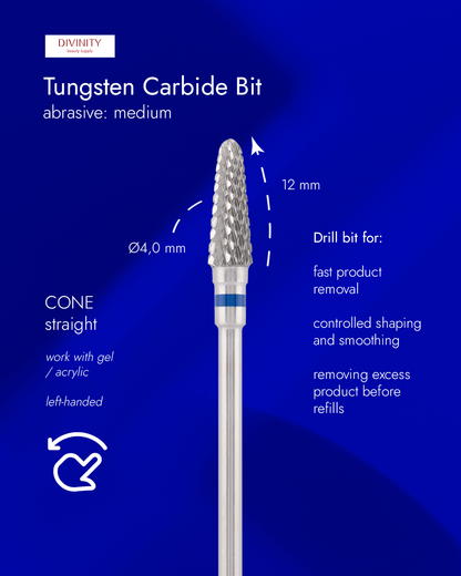Tungsten carbide bit "cone" straight left-handed, blue, L-12,0 mm., Ø4,0 mm