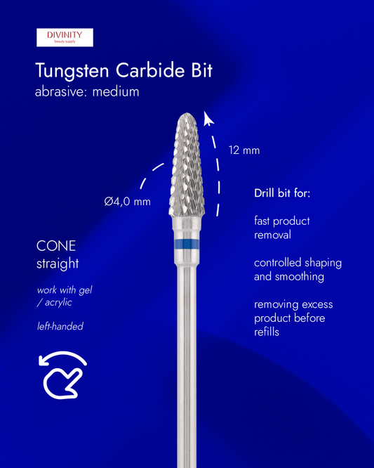 Tungsten carbide bit "cone" straight left-handed, blue, L-12,0 mm., Ø4,0 mm