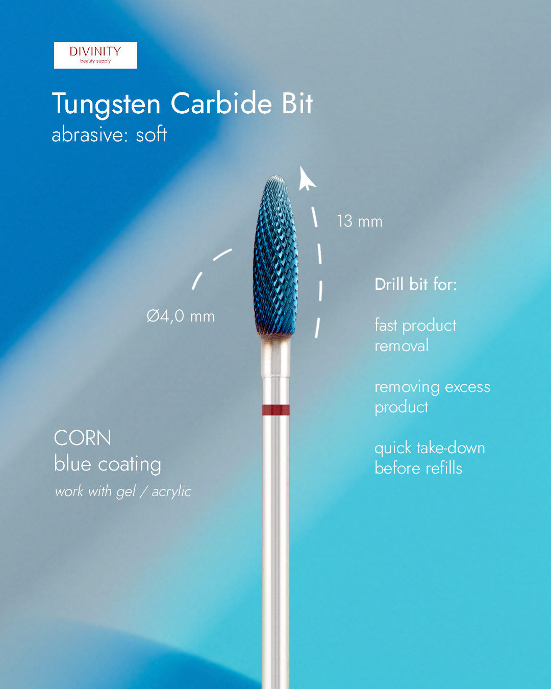 Tungsten carbide bit "Reversable corn" red (blue coating), L-13,0 mm., Ø4,0 mm