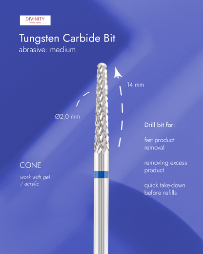 Tungsten carbide bit "cone" blue, L-14,0 mm., Ø2,0 mm