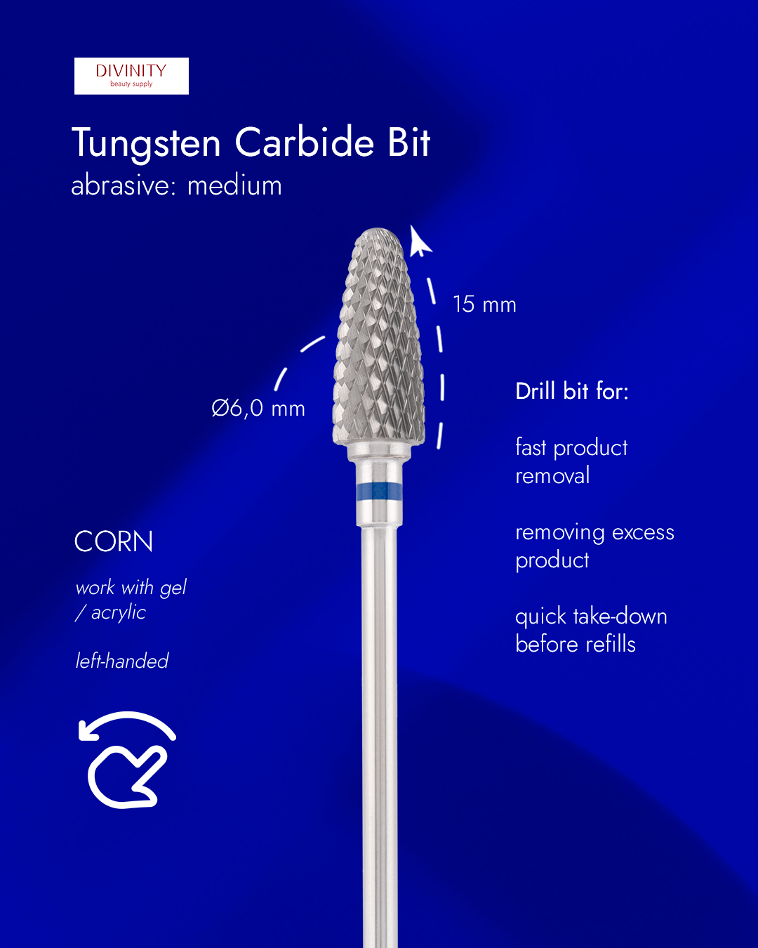 Tungsten carbide bit "corn" left-handed, blue, L-15,0 mm., Ø6,0 mm