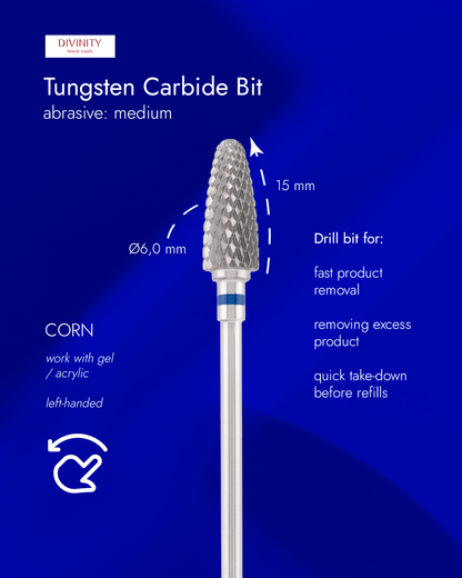 Tungsten carbide bit "corn" left-handed, blue, L-15,0 mm., Ø6,0 mm