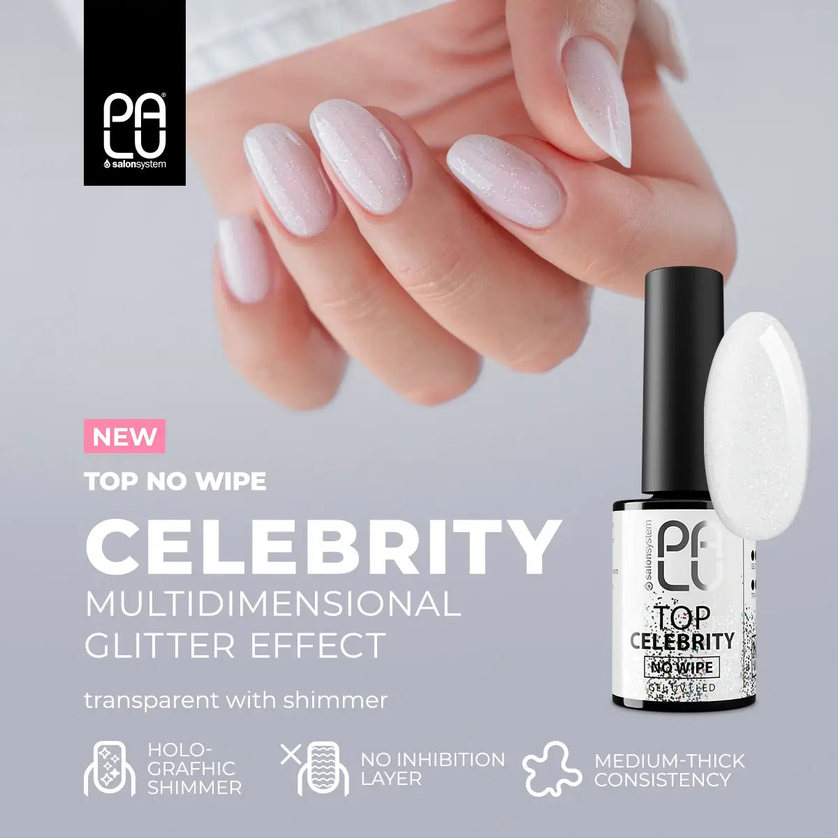 Palu Top Celebrity No Wipe 11g – top semipermanente trasparente con glitter argento e olografica, immagine 7