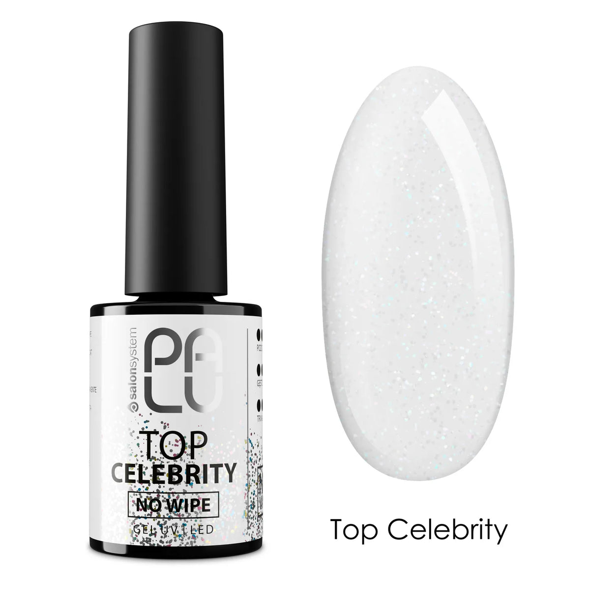 Palu Top Celebrity No Wipe 11g – top semipermanente trasparente con glitter argento e olografica