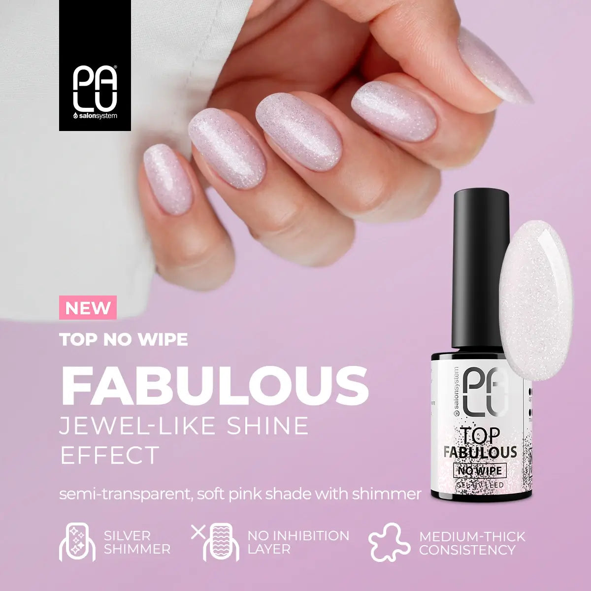 Palu Top Fabulous No Wipe 11g – top semipermanente rosato semitrasparente con glitter argento, immagine 9