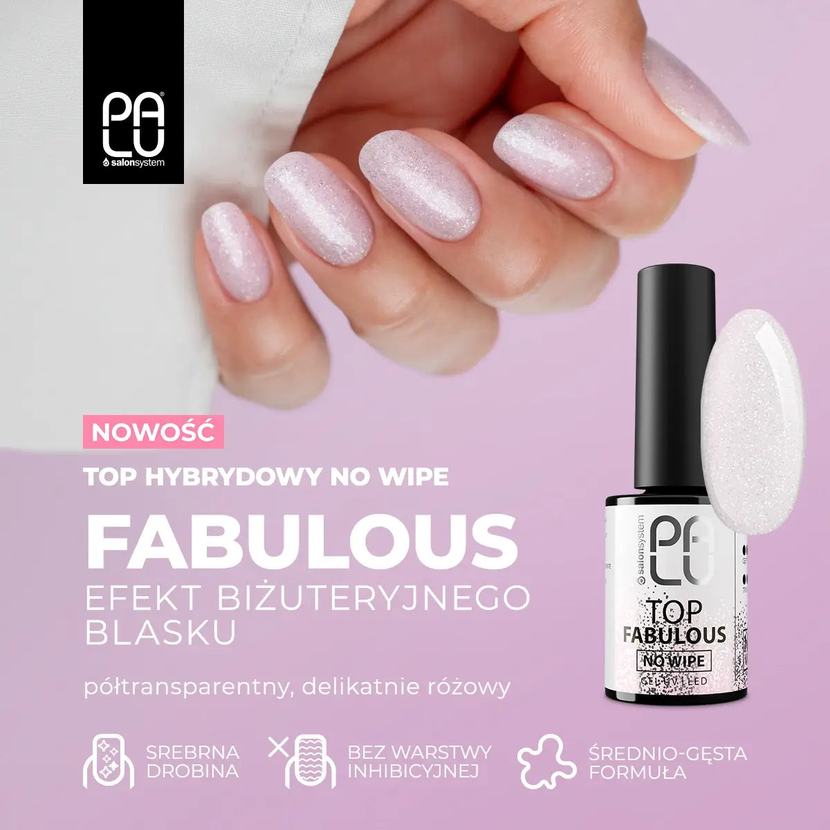 Palu Top Fabulous No Wipe 11g – top semipermanente rosato semitrasparente con glitter argento, immagine 7