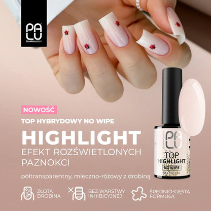 Palu Top Highlight No Wipe 11g – top semipermanente rosa lattiginoso con micro glitter oro, immagine 6
