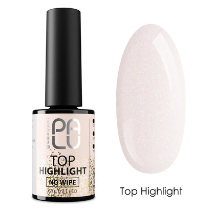Palu Top Highlight No Wipe 11g – top semipermanente rosa lattiginoso con micro glitter oro