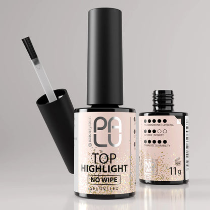 Palu Top Highlight No Wipe 11g – top semipermanente rosa lattiginoso con micro glitter oro, immagine 8