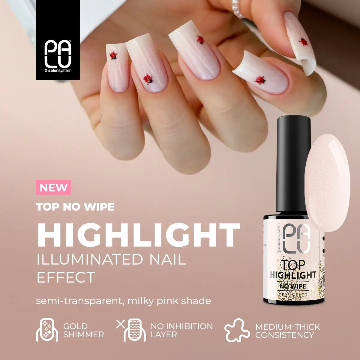 Palu Top Highlight No Wipe 11g – top semipermanente rosa lattiginoso con micro glitter oro, immagine 7