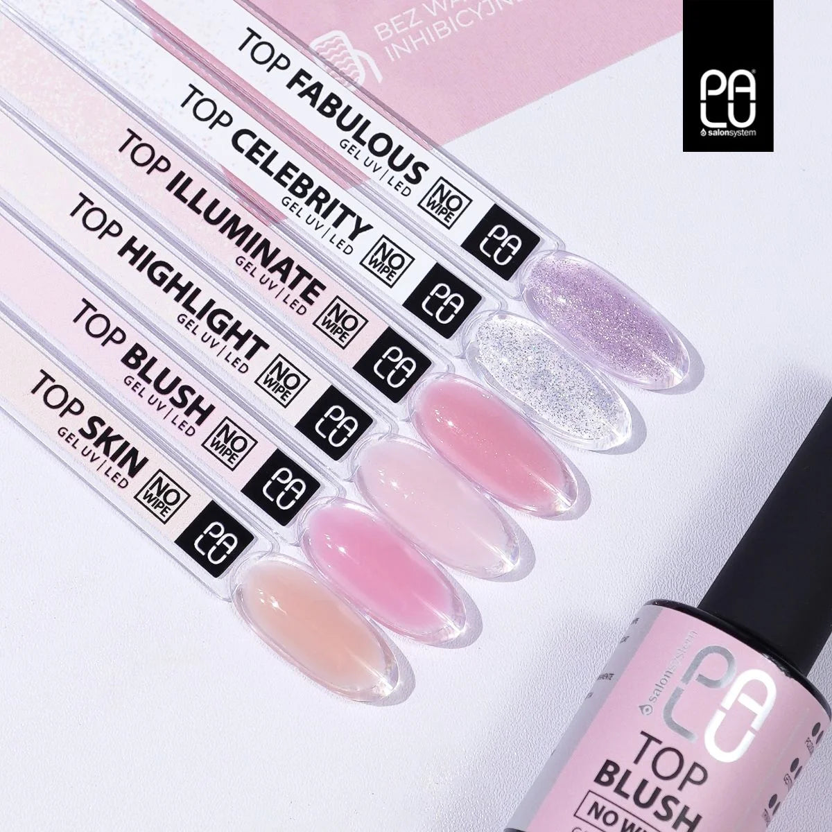 Palu Top Illuminate No Wipe 11g – top semipermanente rosa chiaro con glitter oro fine, immagine 4