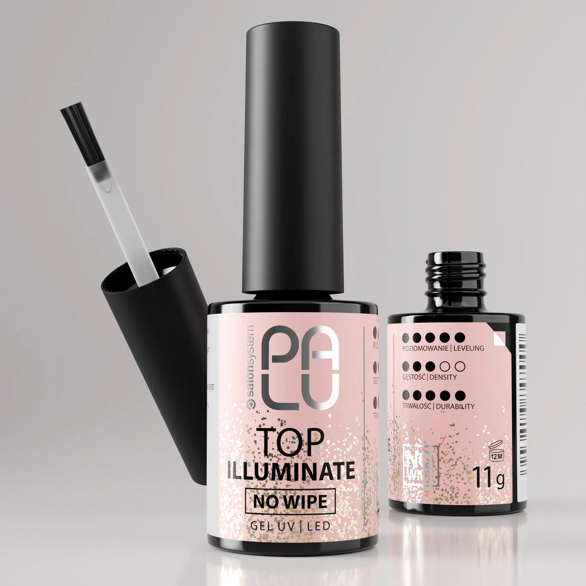 Palu Top Illuminate No Wipe 11g – top semipermanente rosa chiaro con glitter oro fine, immagine 6