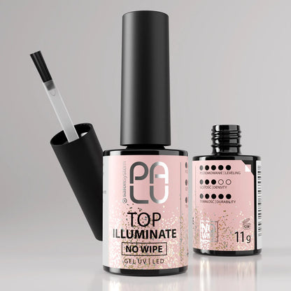 Palu Top Illuminate No Wipe 11g – top semipermanente rosa chiaro con glitter oro fine, immagine 6