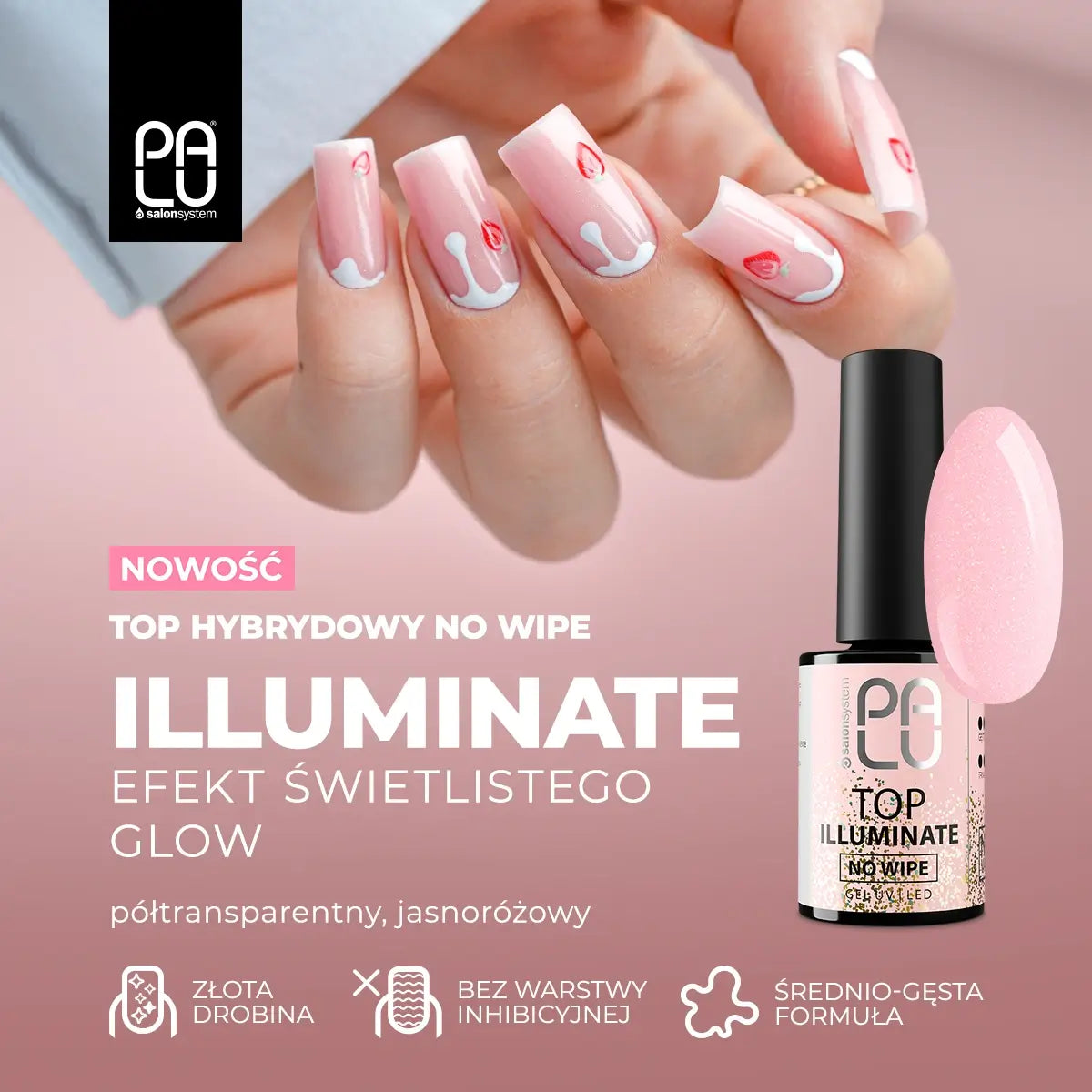 Palu Top Illuminate No Wipe 11g – top semipermanente rosa chiaro con glitter oro fine, immagine 7