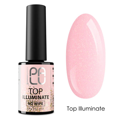 Palu Top Illuminate No Wipe 11g – top semipermanente rosa chiaro con glitter oro fine